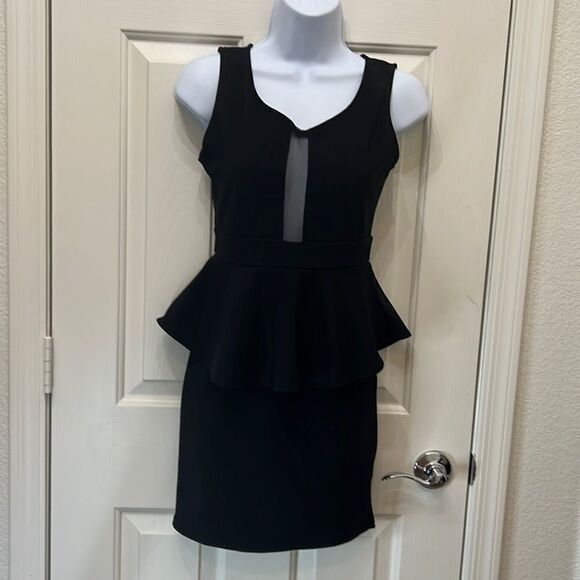 Chocolate USA Black Dress Shirt Sleeve Peplum Skirt Mini Cut Out Zipper Back - Picture 1 of 10